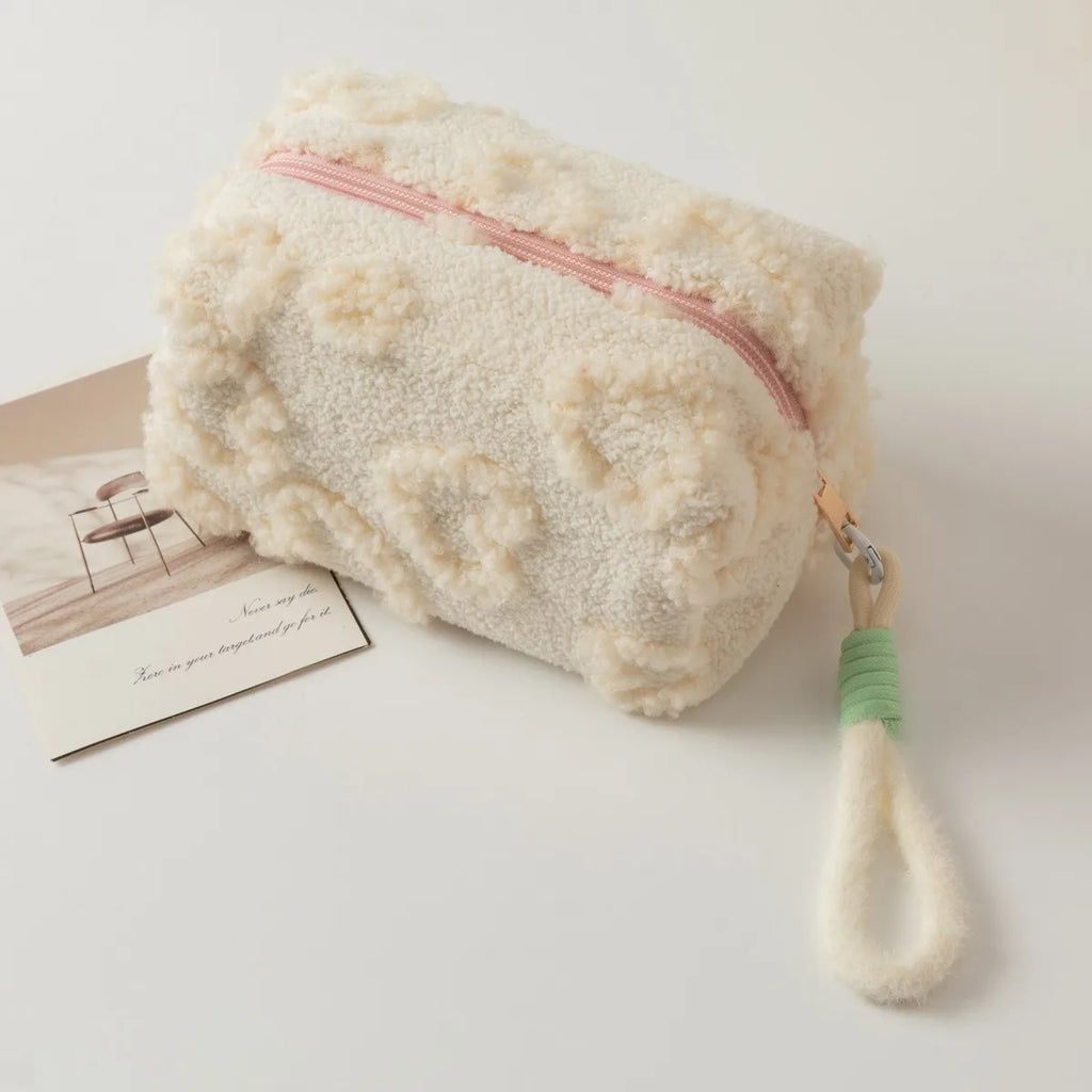 Plush Makeup Bags with Handle Soft Travel Cosmetic Storage Bag Portable Love Print Organizer Pencil Case Cute Clutch Pouch