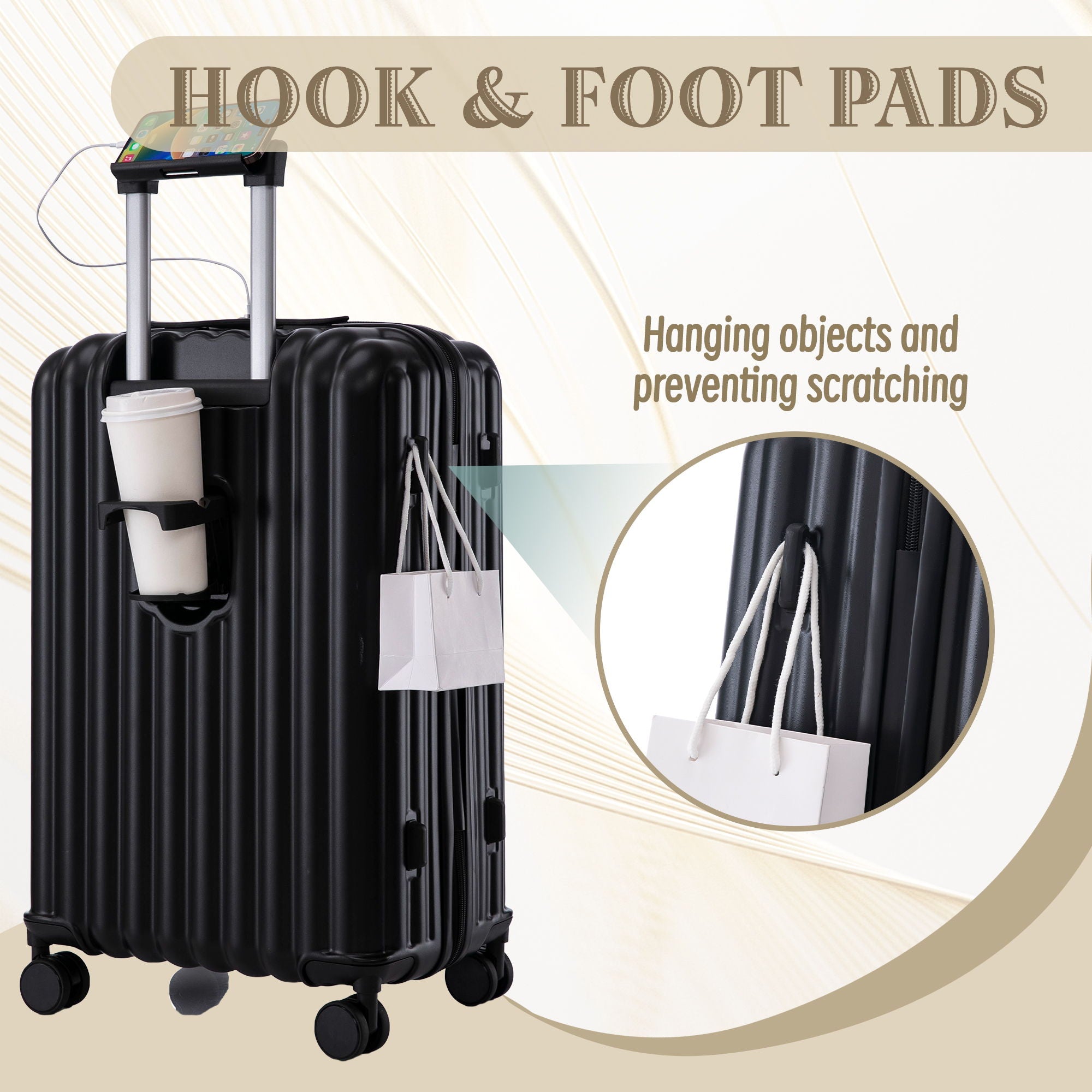 Set Spinner Wheel Luggage, Carry On Suitcase, With Cup Holder & USB Port & Phone Holder