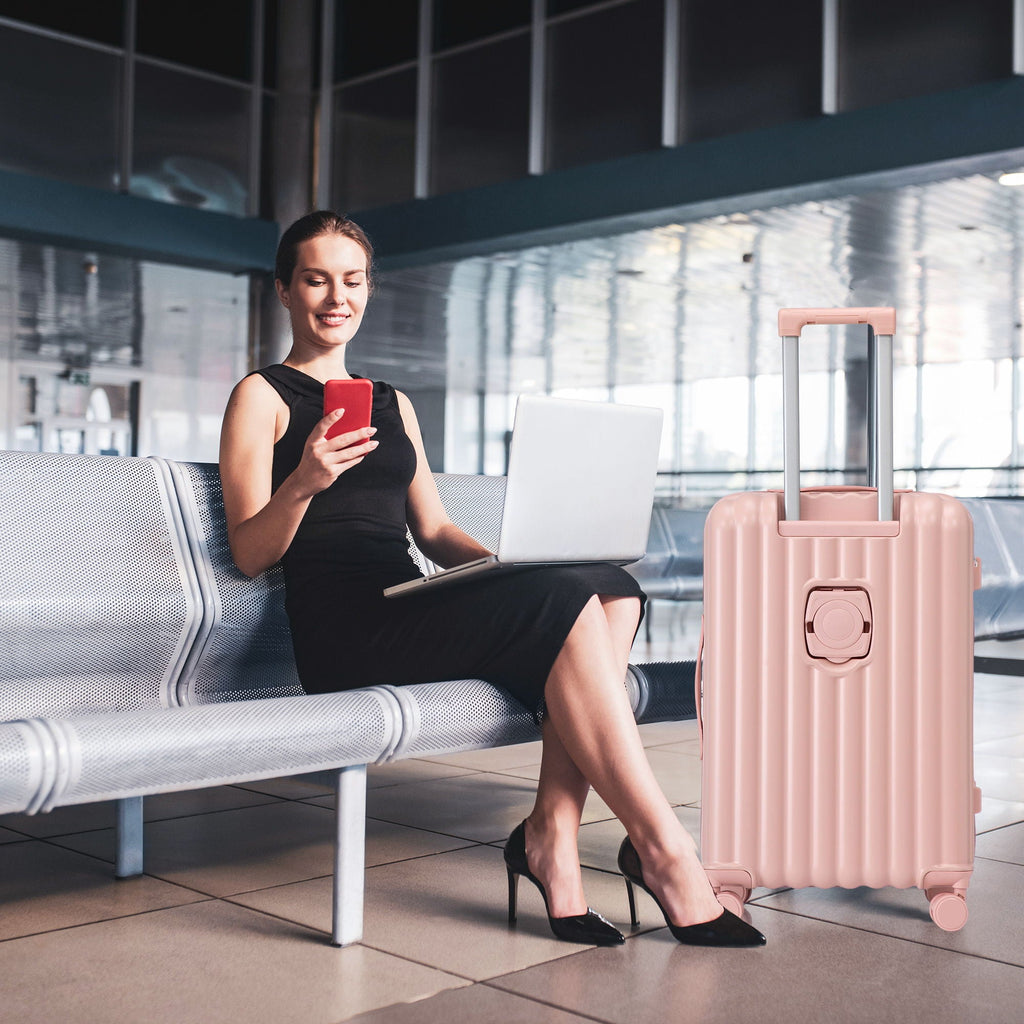 Set Spinner Wheel Luggage, Carry On Suitcase, With Cup Holder & USB Port & Phone Holder
