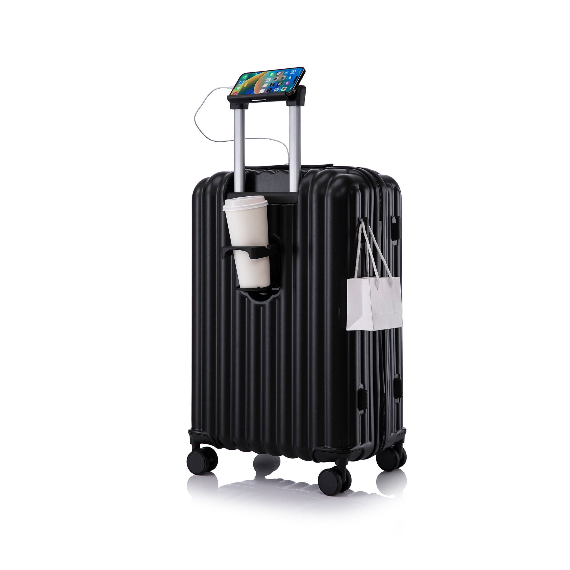 Set Spinner Wheel Luggage, Carry On Suitcase, With Cup Holder & USB Port & Phone Holder