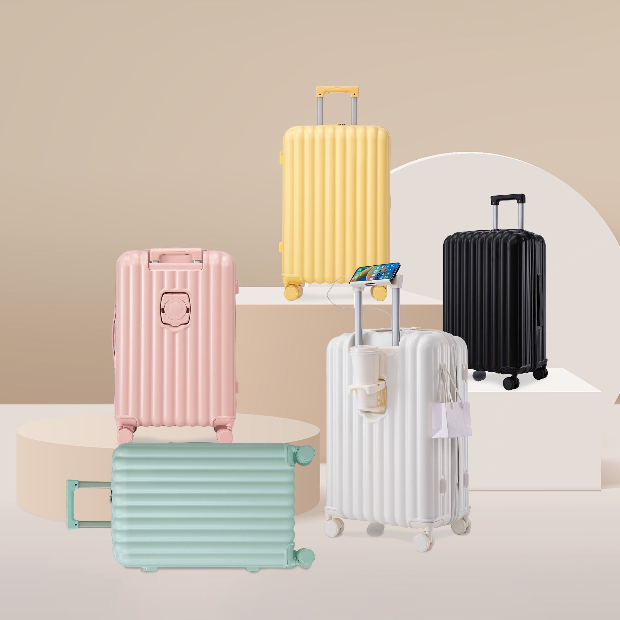 Set Spinner Wheel Luggage, Carry On Suitcase, With Cup Holder & USB Port & Phone Holder