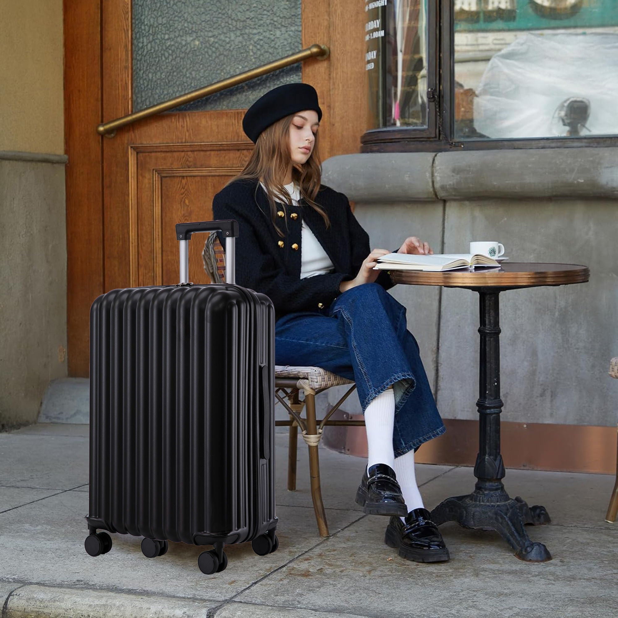 Set Spinner Wheel Luggage, Carry On Suitcase, With Cup Holder & USB Port & Phone Holder