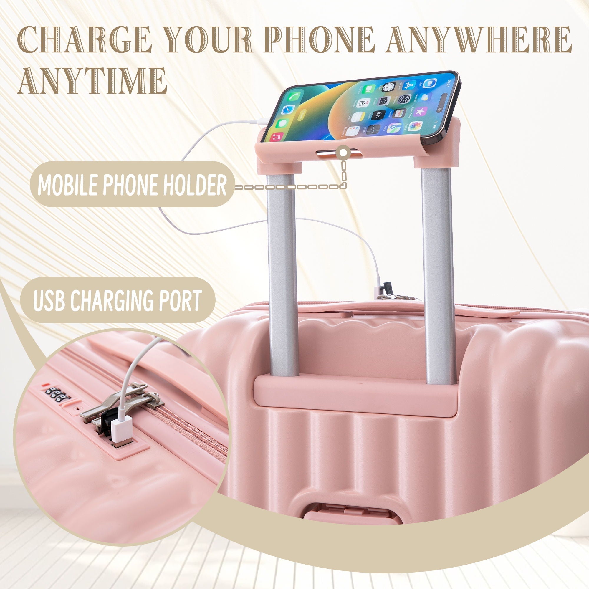 Set Spinner Wheel Luggage, Carry On Suitcase, With Cup Holder & USB Port & Phone Holder
