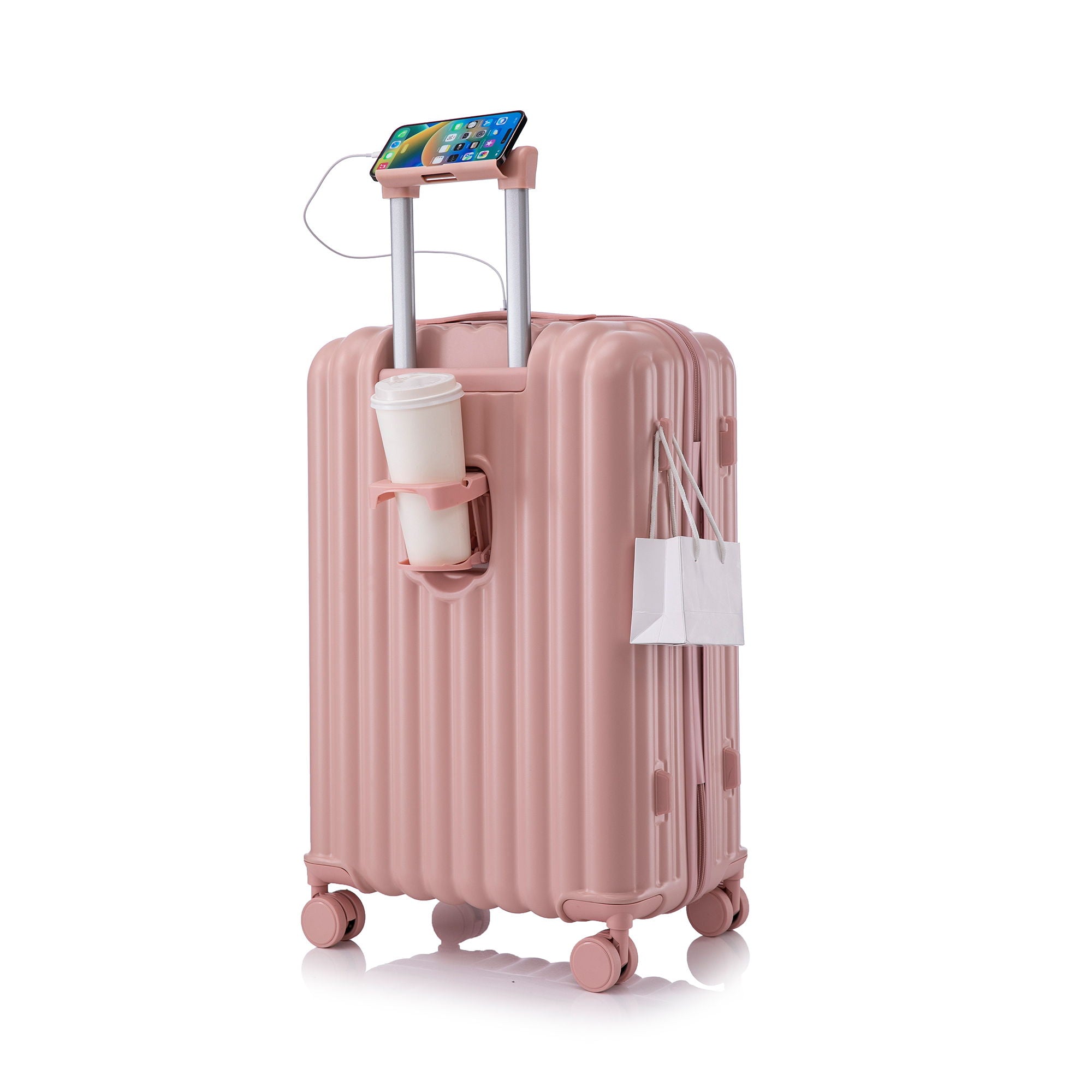 Set Spinner Wheel Luggage, Carry On Suitcase, With Cup Holder & USB Port & Phone Holder