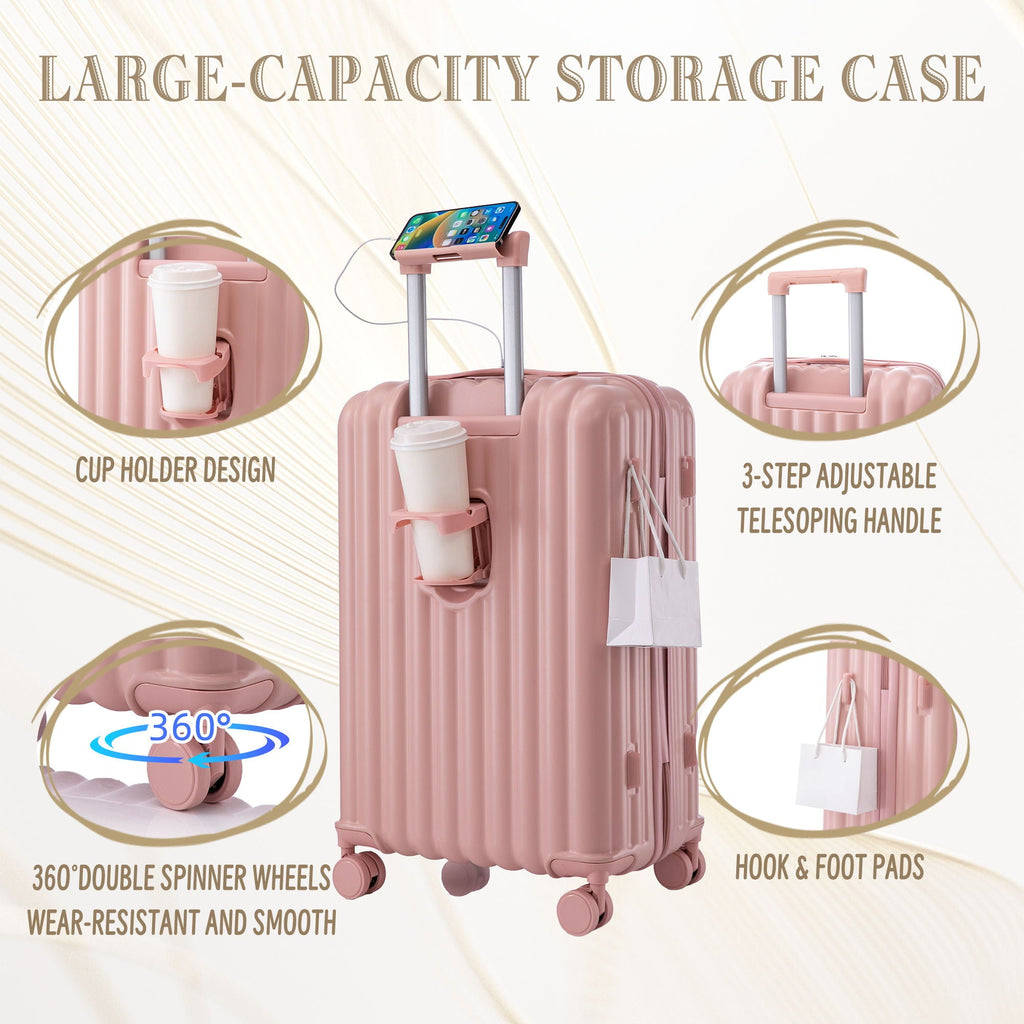Set Spinner Wheel Luggage, Carry On Suitcase, With Cup Holder & USB Port & Phone Holder