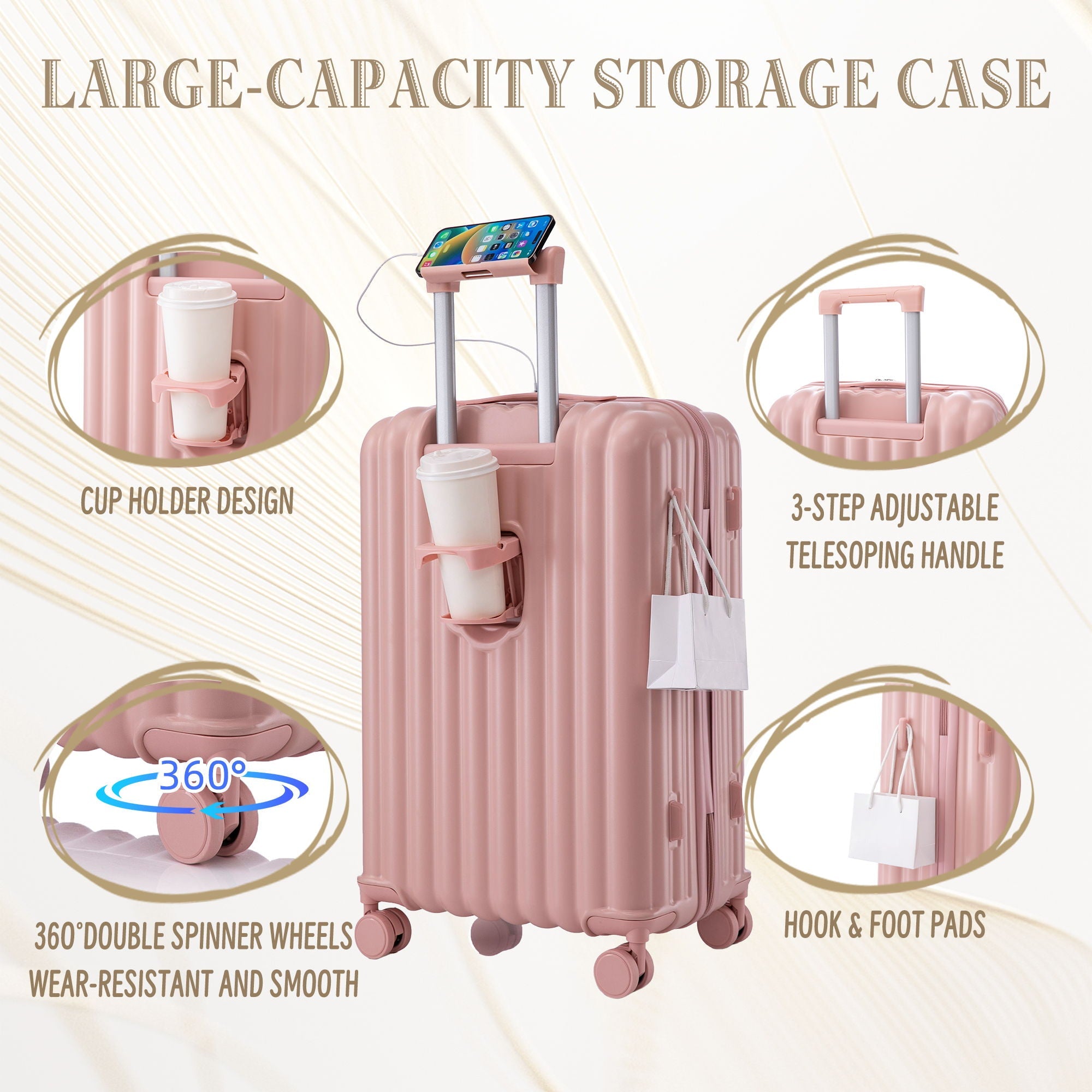 Set Spinner Wheel Luggage, Carry On Suitcase, With Cup Holder & USB Port & Phone Holder