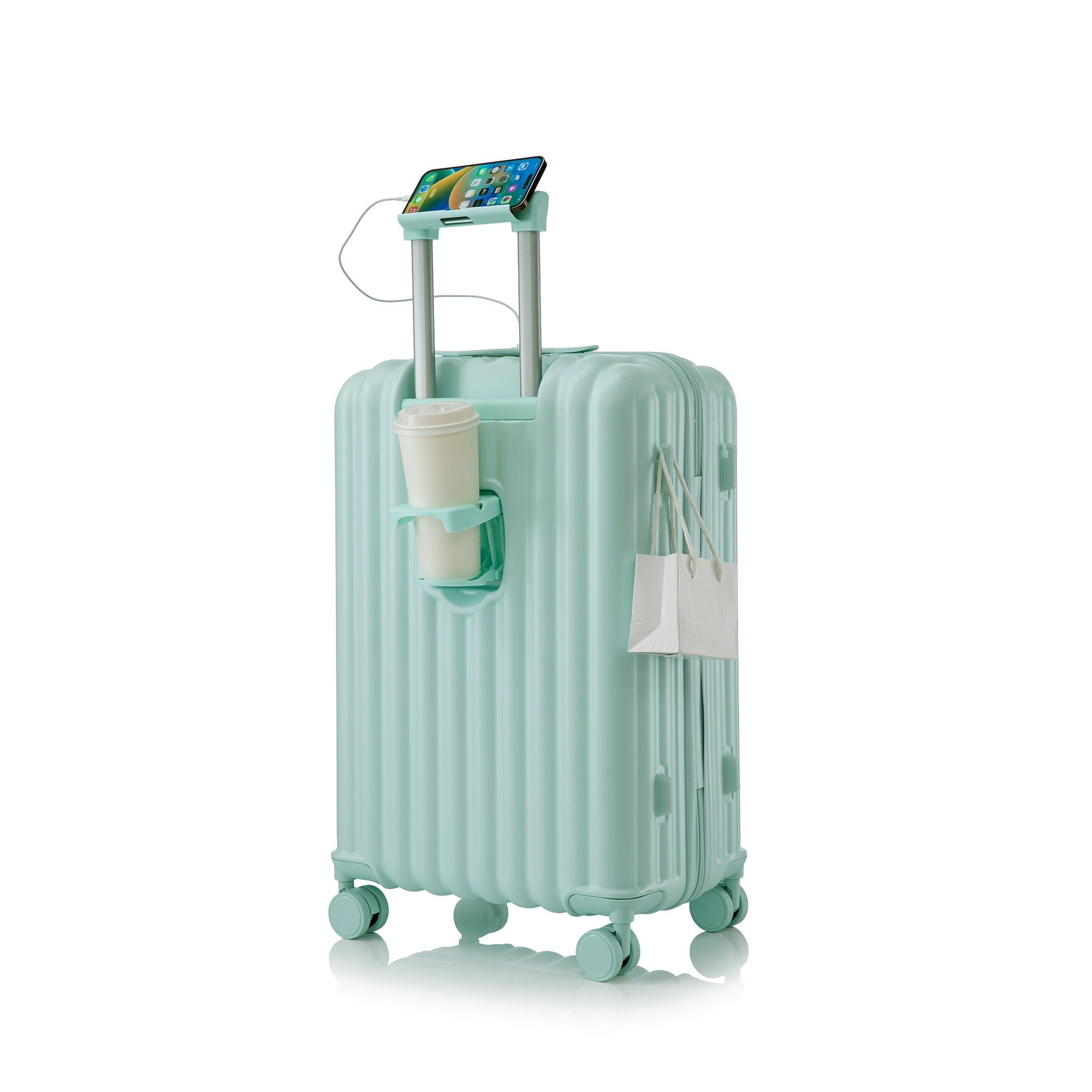 Set Spinner Wheel Luggage, Carry On Suitcase, With Cup Holder & USB Port & Phone Holder
