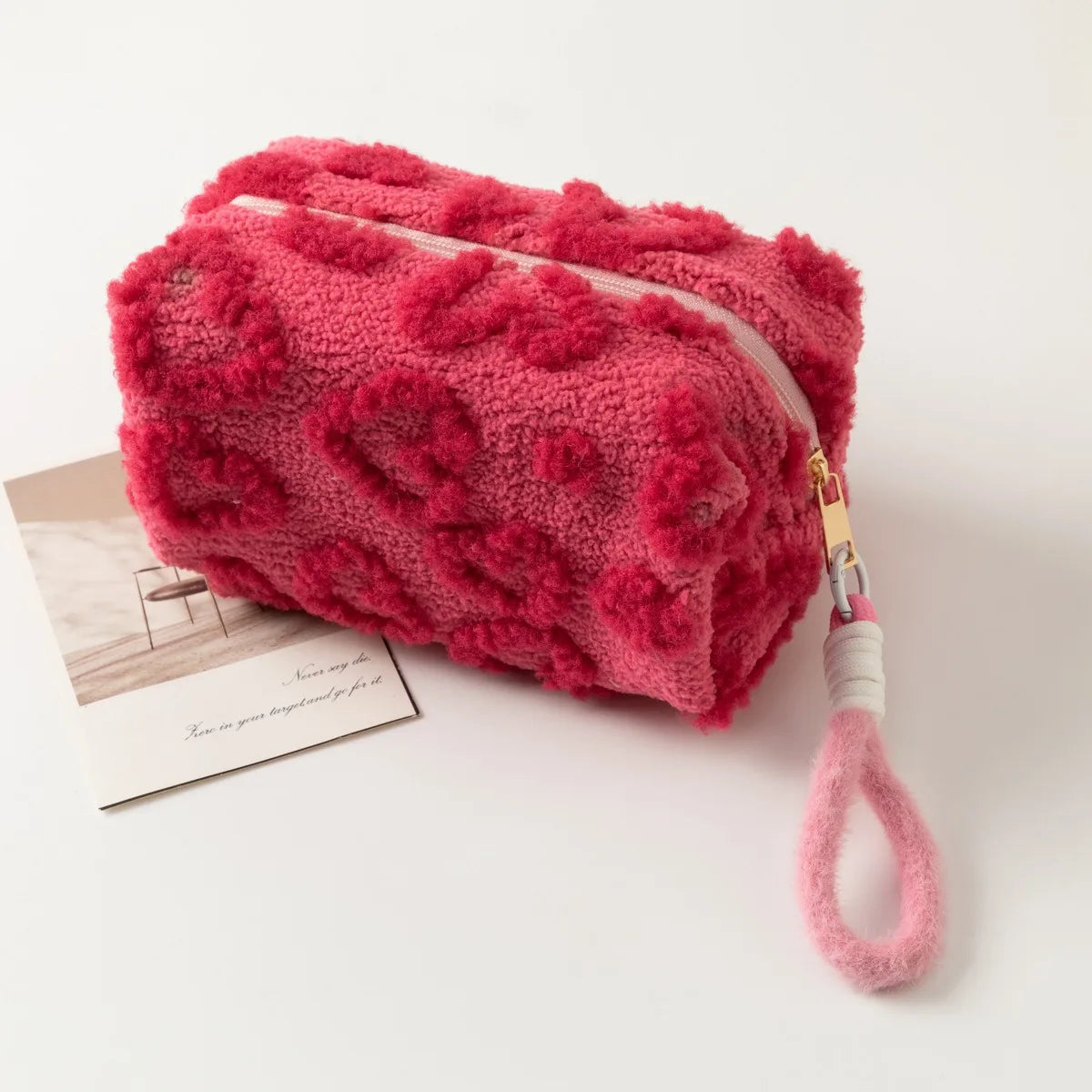 Plush Makeup Bags with Handle Soft Travel Cosmetic Storage Bag Portable Love Print Organizer Pencil Case Cute Clutch Pouch