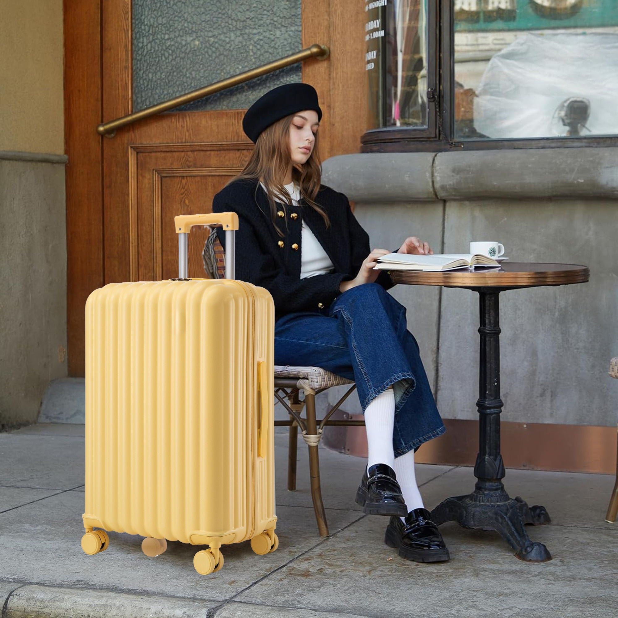 Set Spinner Wheel Luggage, Carry On Suitcase, With Cup Holder & USB Port & Phone Holder