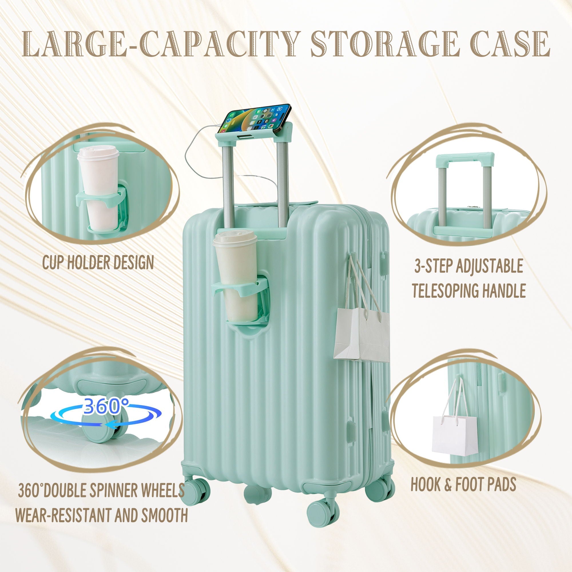 Set Spinner Wheel Luggage, Carry On Suitcase, With Cup Holder & USB Port & Phone Holder