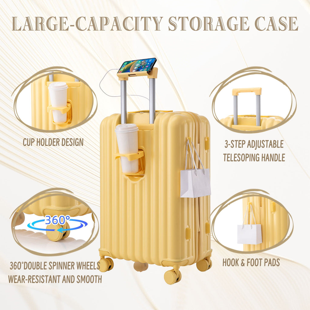 Set Spinner Wheel Luggage, Carry On Suitcase, With Cup Holder & USB Port & Phone Holder