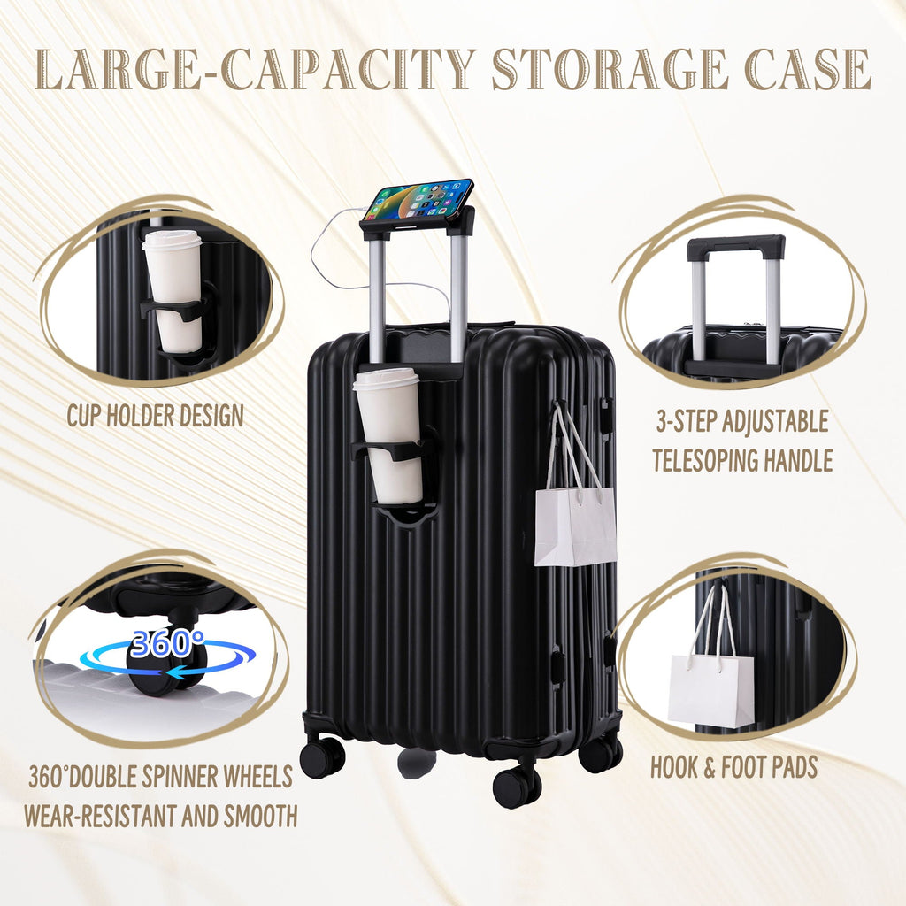 Set Spinner Wheel Luggage, Carry On Suitcase, With Cup Holder & USB Port & Phone Holder