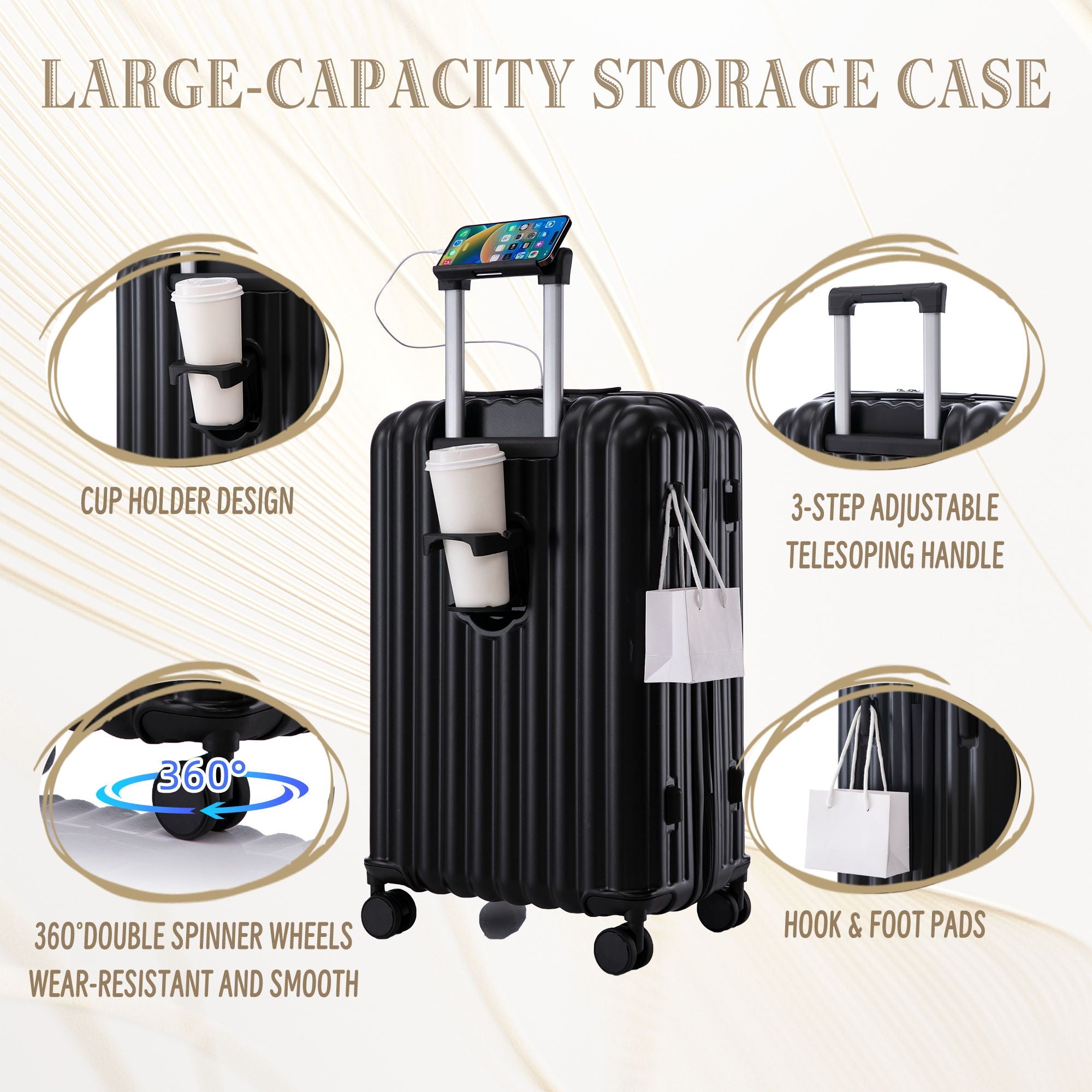 Set Spinner Wheel Luggage, Carry On Suitcase, With Cup Holder & USB Port & Phone Holder