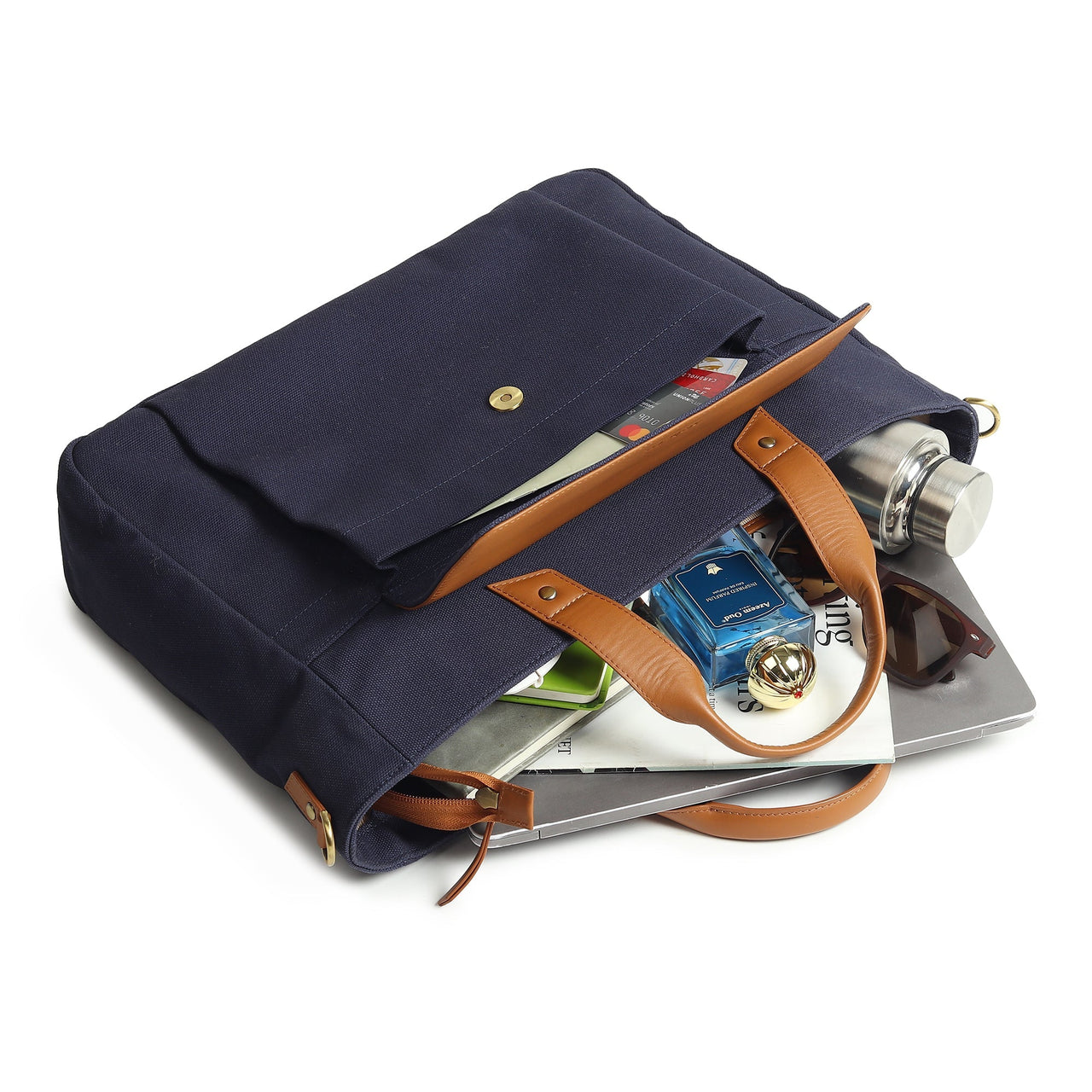 Dark Blue, Voyager Canvas Leather Briefcase