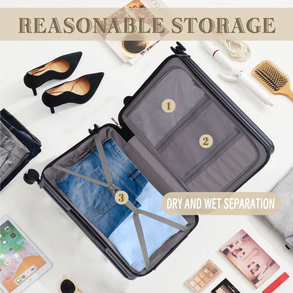 Set Spinner Wheel Luggage, Carry On Suitcase, With Cup Holder & USB Port & Phone Holder