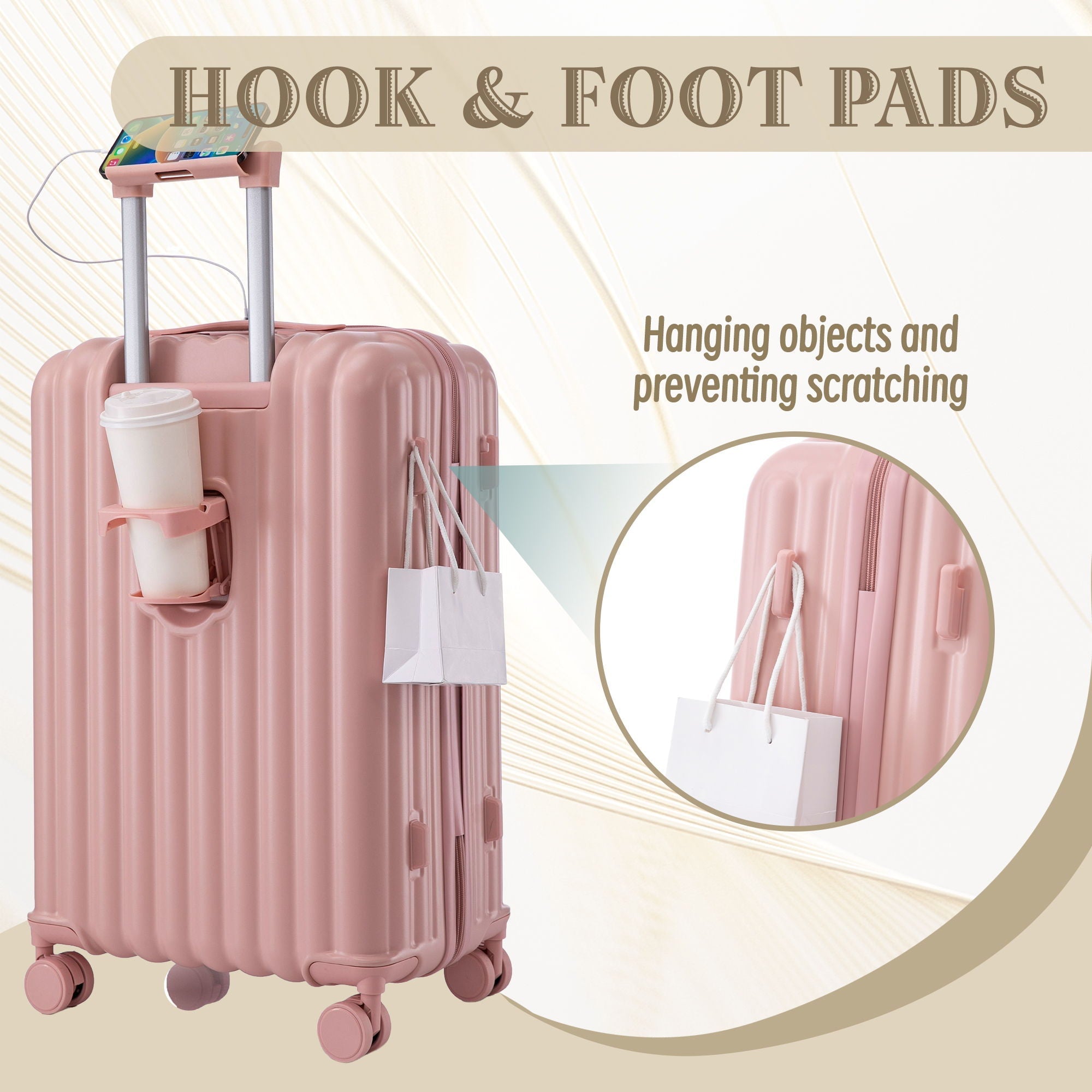 Set Spinner Wheel Luggage, Carry On Suitcase, With Cup Holder & USB Port & Phone Holder