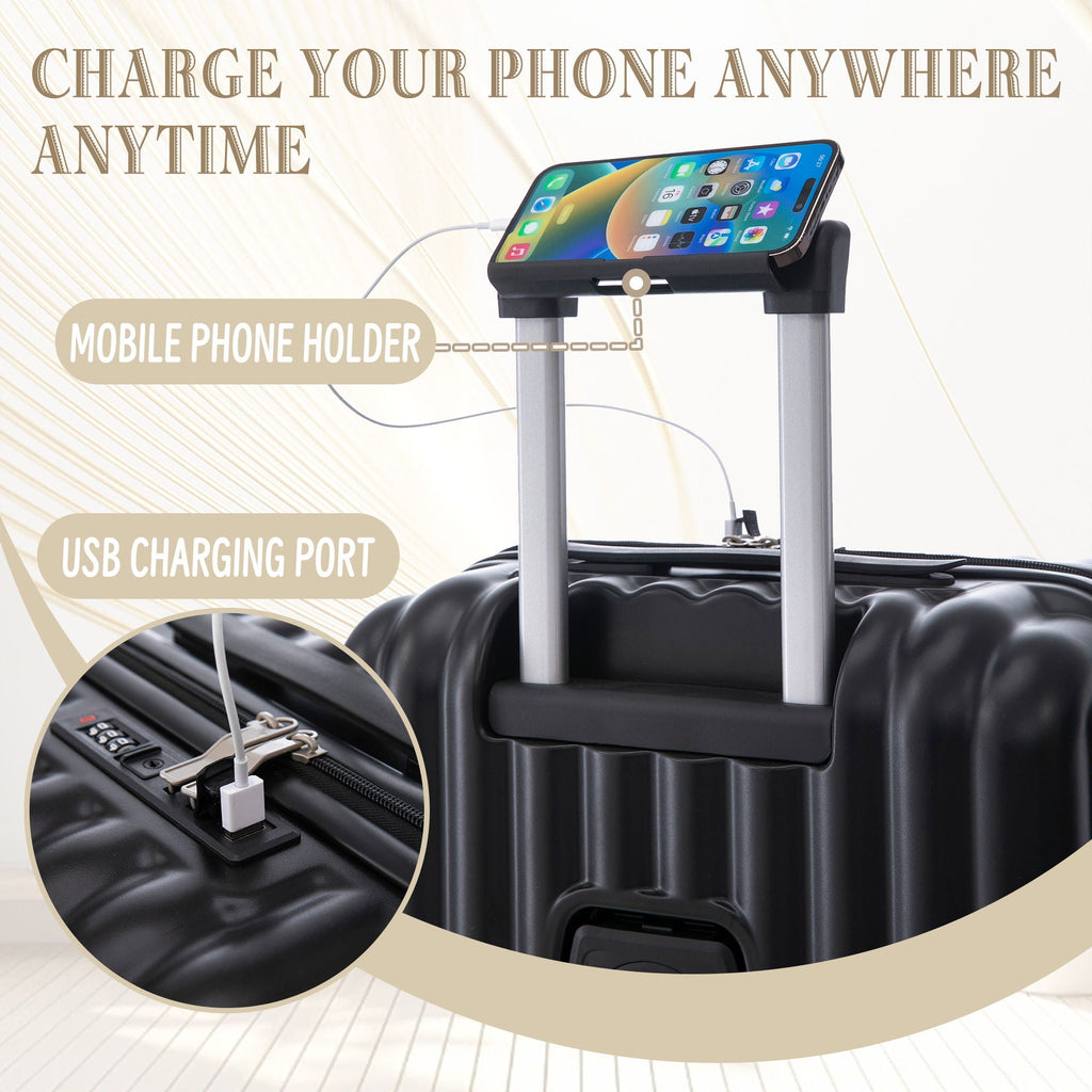 Set Spinner Wheel Luggage, Carry On Suitcase, With Cup Holder & USB Port & Phone Holder