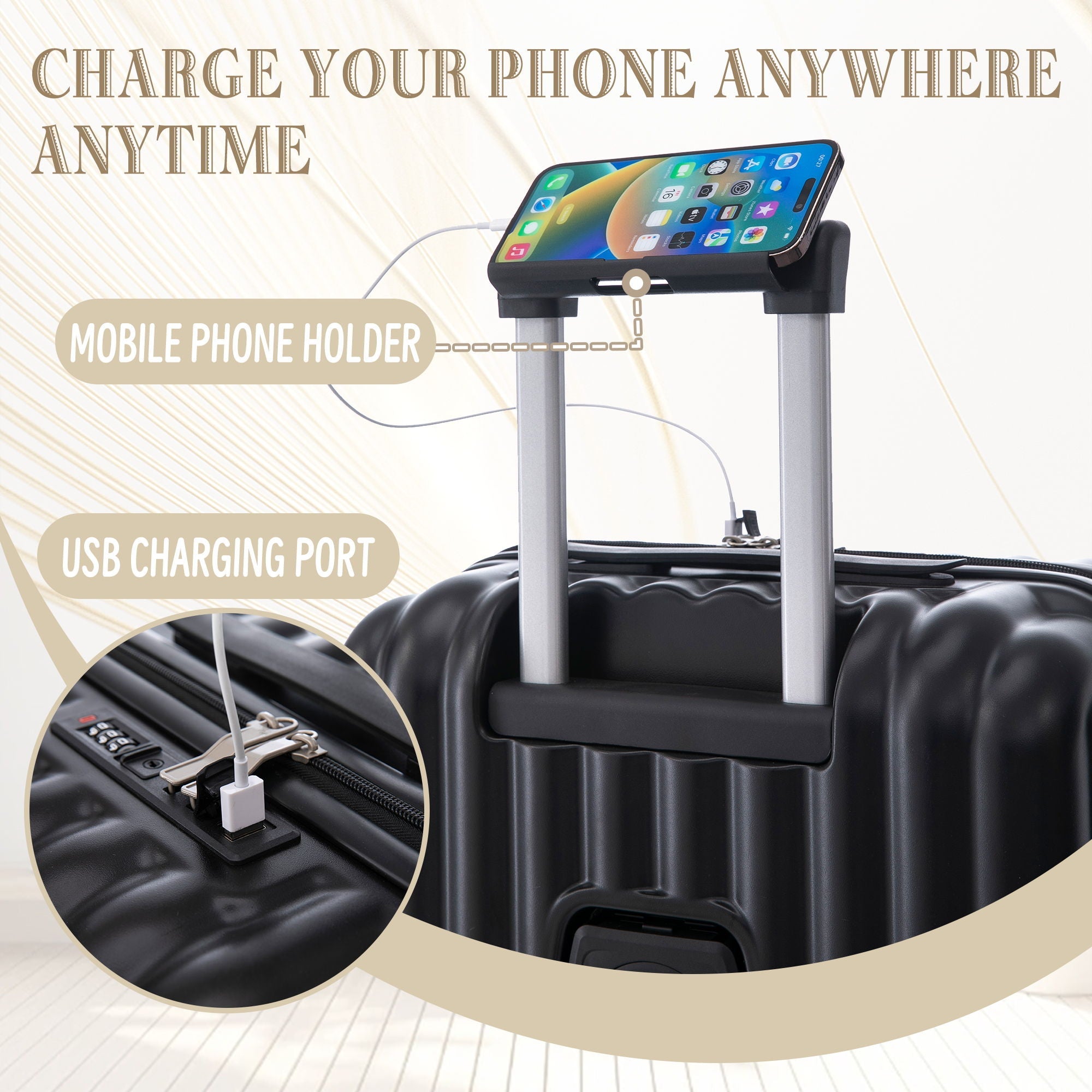 Set Spinner Wheel Luggage, Carry On Suitcase, With Cup Holder & USB Port & Phone Holder