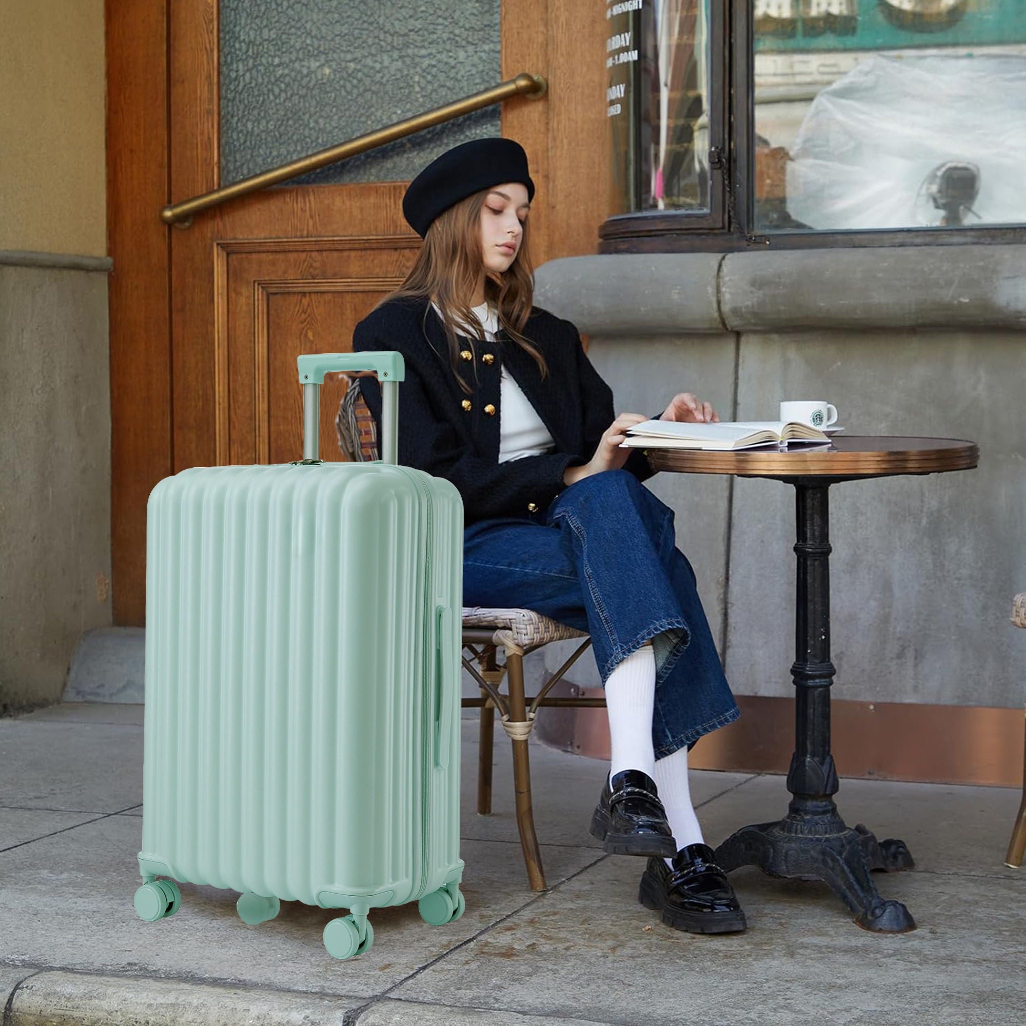 Set Spinner Wheel Luggage, Carry On Suitcase, With Cup Holder & USB Port & Phone Holder