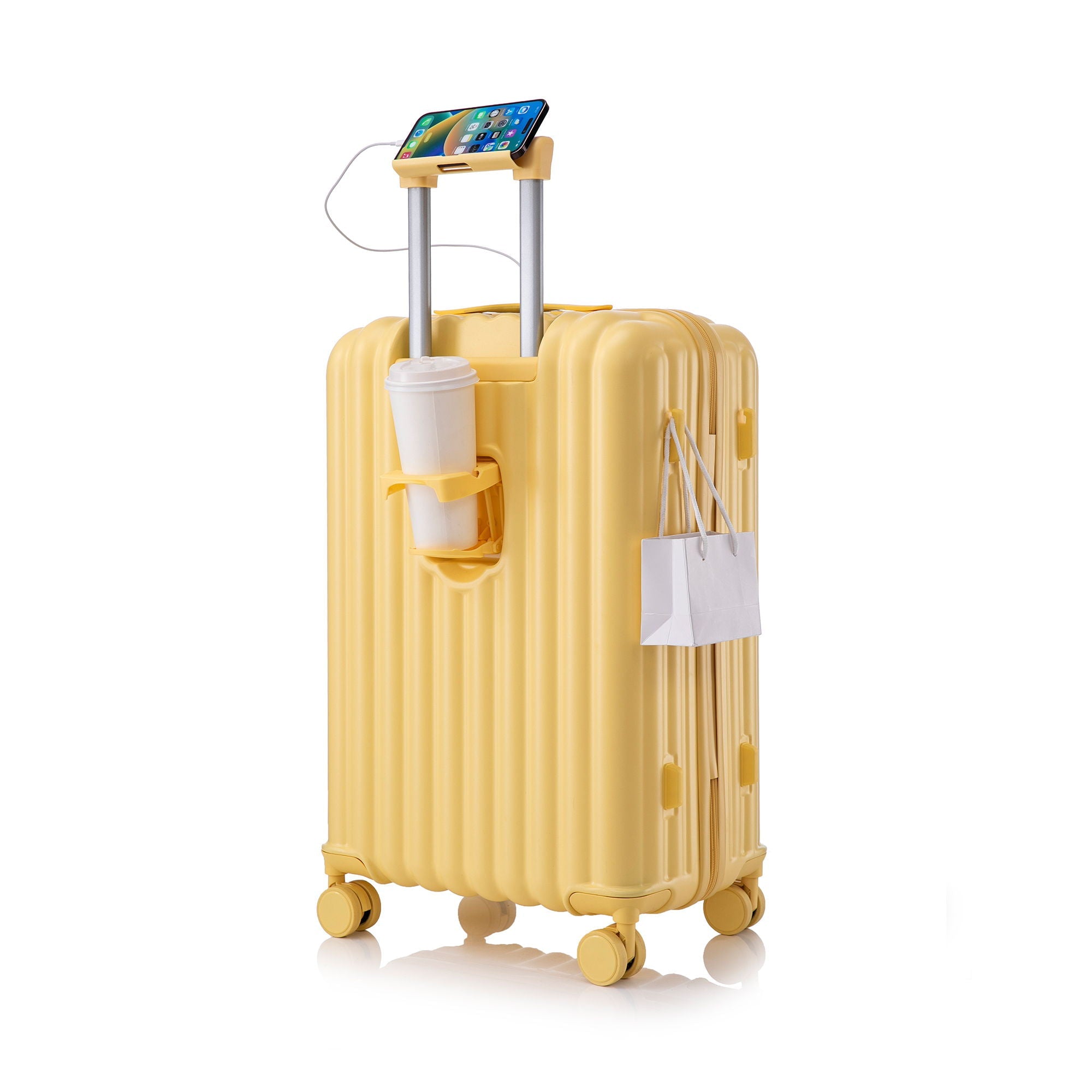 Set Spinner Wheel Luggage, Carry On Suitcase, With Cup Holder & USB Port & Phone Holder