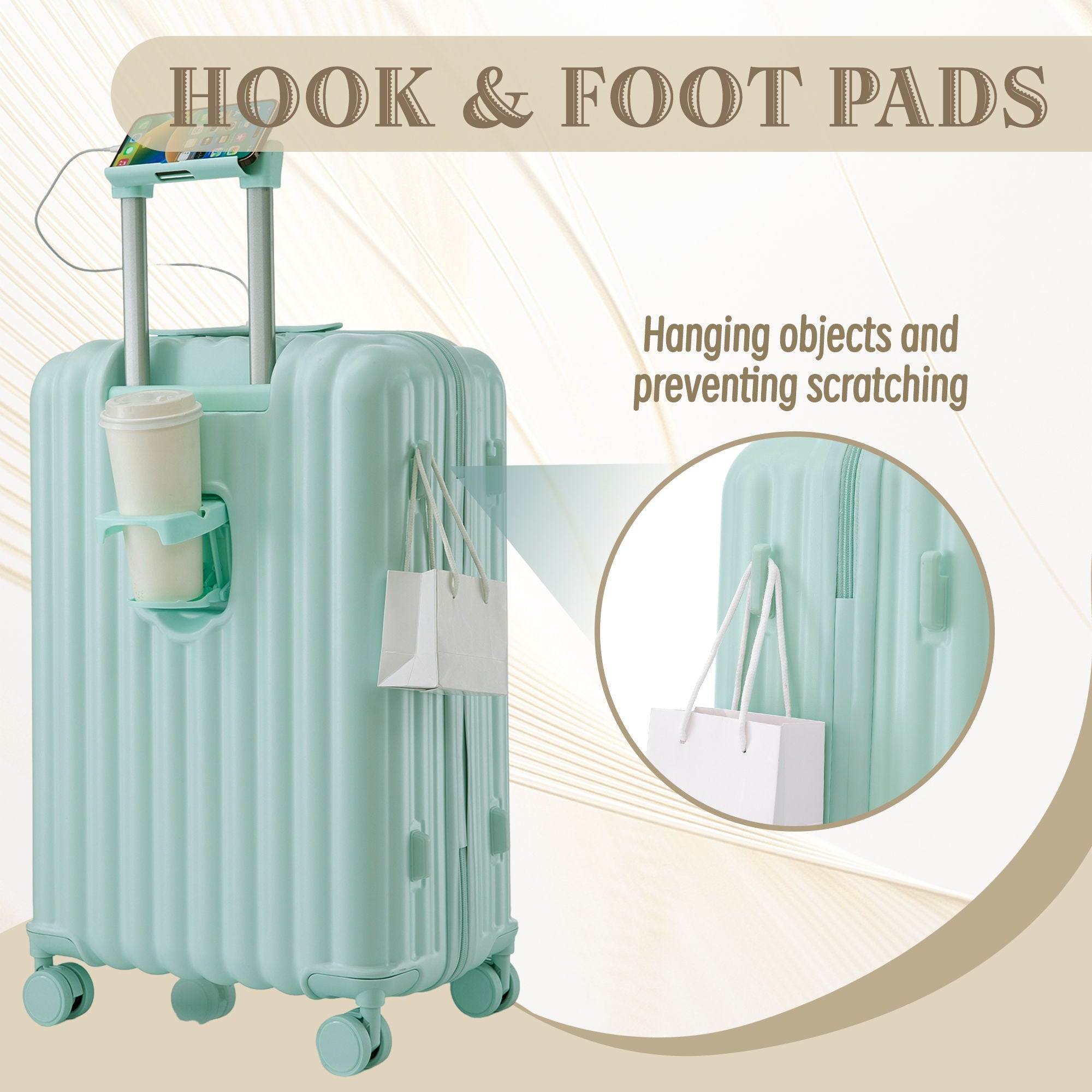 Set Spinner Wheel Luggage, Carry On Suitcase, With Cup Holder & USB Port & Phone Holder