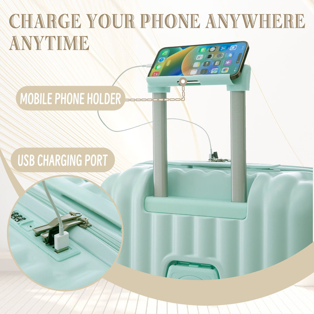 Set Spinner Wheel Luggage, Carry On Suitcase, With Cup Holder & USB Port & Phone Holder