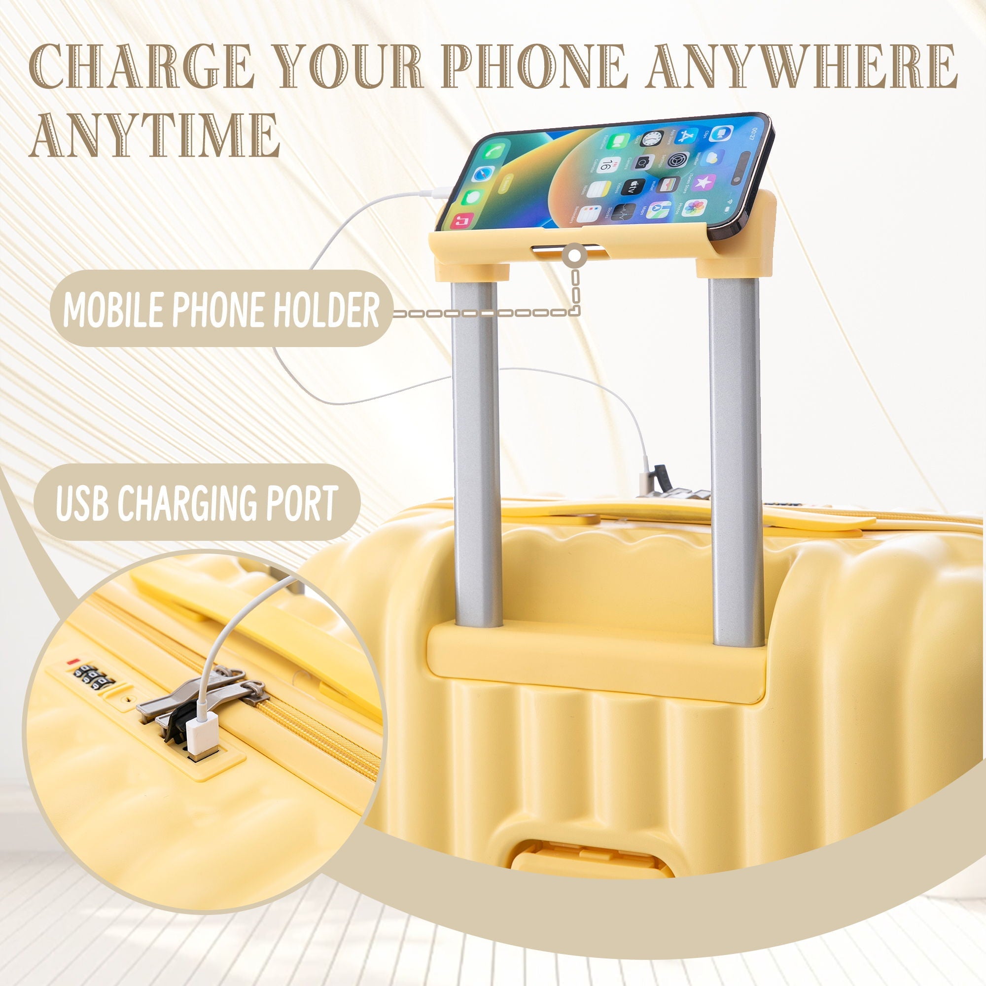 Set Spinner Wheel Luggage, Carry On Suitcase, With Cup Holder & USB Port & Phone Holder