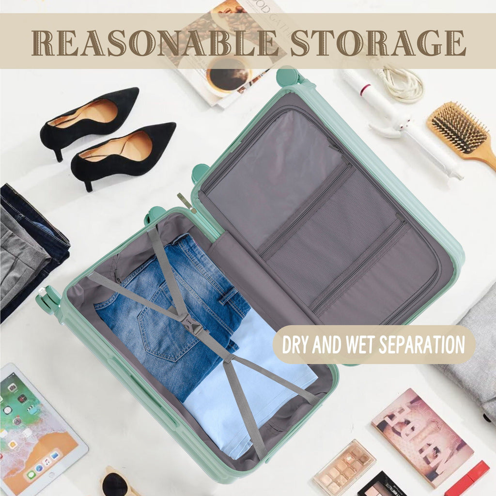 Set Spinner Wheel Luggage, Carry On Suitcase, With Cup Holder & USB Port & Phone Holder